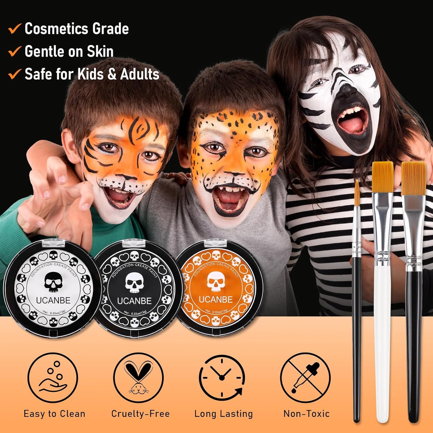 White Foundation + Black Orange Face Body Paint with Brushes for Halloween Pumpkin Clown Makeup, Non Toxic Face Painting Kit Facepaints Set for Kids Adults Party Scarecrow Tiger SFX Cosplay Make Up