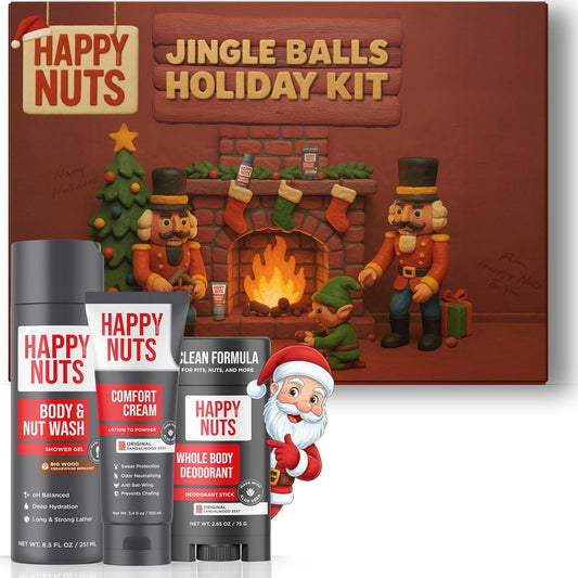 HAPPY NUTS Jingle Balls Holiday Kit - Gift Box for Men with Comfort Cream, Hydrating Body Wash & Whole Body Deodorant - Hilarious Stocking Stuffer or White Elephant Mens Gift Basket Idea for Him