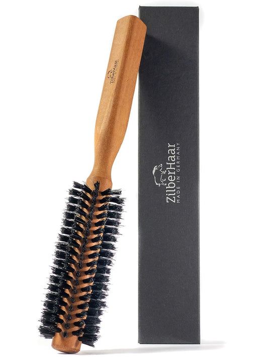 ZilberHaar - Styler Hair and Beard Round Brush - 1.3 Inch Stiff Boar Bristles and 8.5 Inch Pearwood Handle - 222 Plugs of Bristles - Beard Grooming Brush for Men