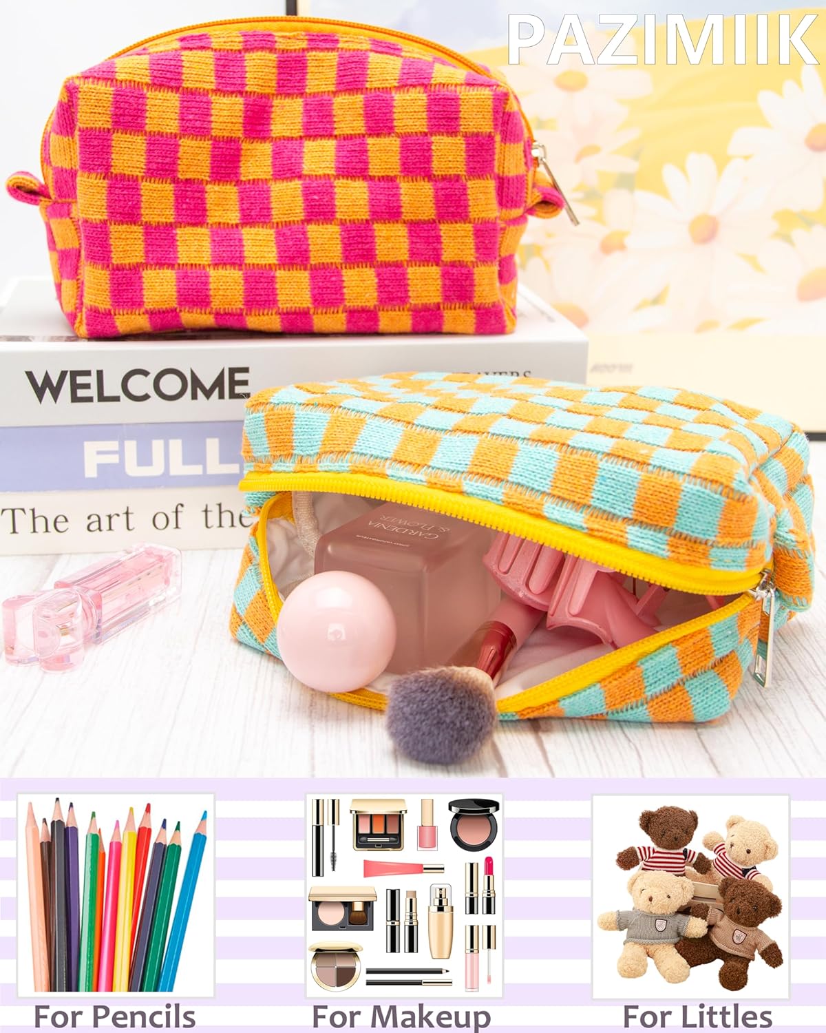 PAZIMIIK 2PCS Checkered Makeup Bag for Purse Portable Zipper Make Up Pouch Small Cosmetic Case for Travel Accessories Orange Green