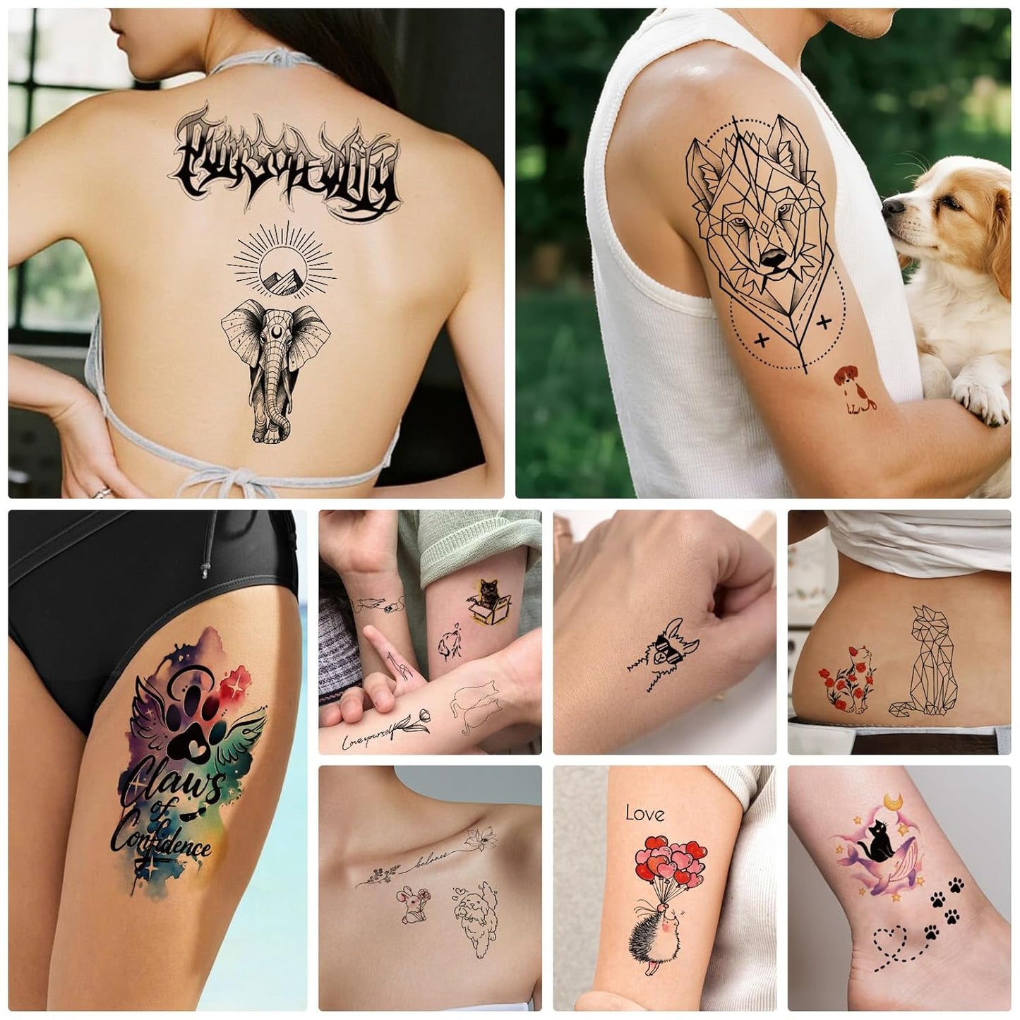 77 Sheets Temporary Tattoo, 17 Sheets Half Arm Cute Cat Dog Rabbit Lion Elephant Chest Tattoos for Adults Men Women, 60 Sheets Small Tattoos Stickers for Boys Girls Kids Body Art