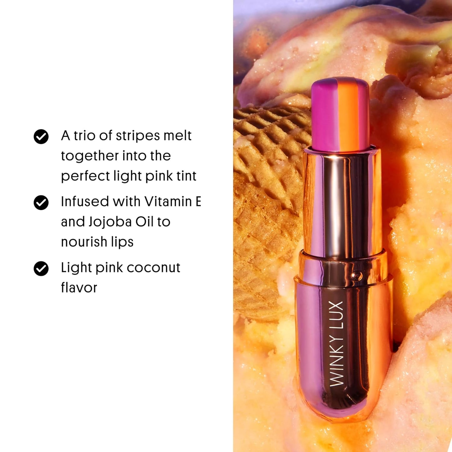 Winky Lux Sorbet Tri-Color Tinted Lip Balm – Hydrating Lip Balm, Sheer Pink Tint, Nourishing Lip Care with Jojoba Oil & Vitamin E, Moisturizes & Softens Dry Lips, Buttery Soft with Pink Coconut Scent