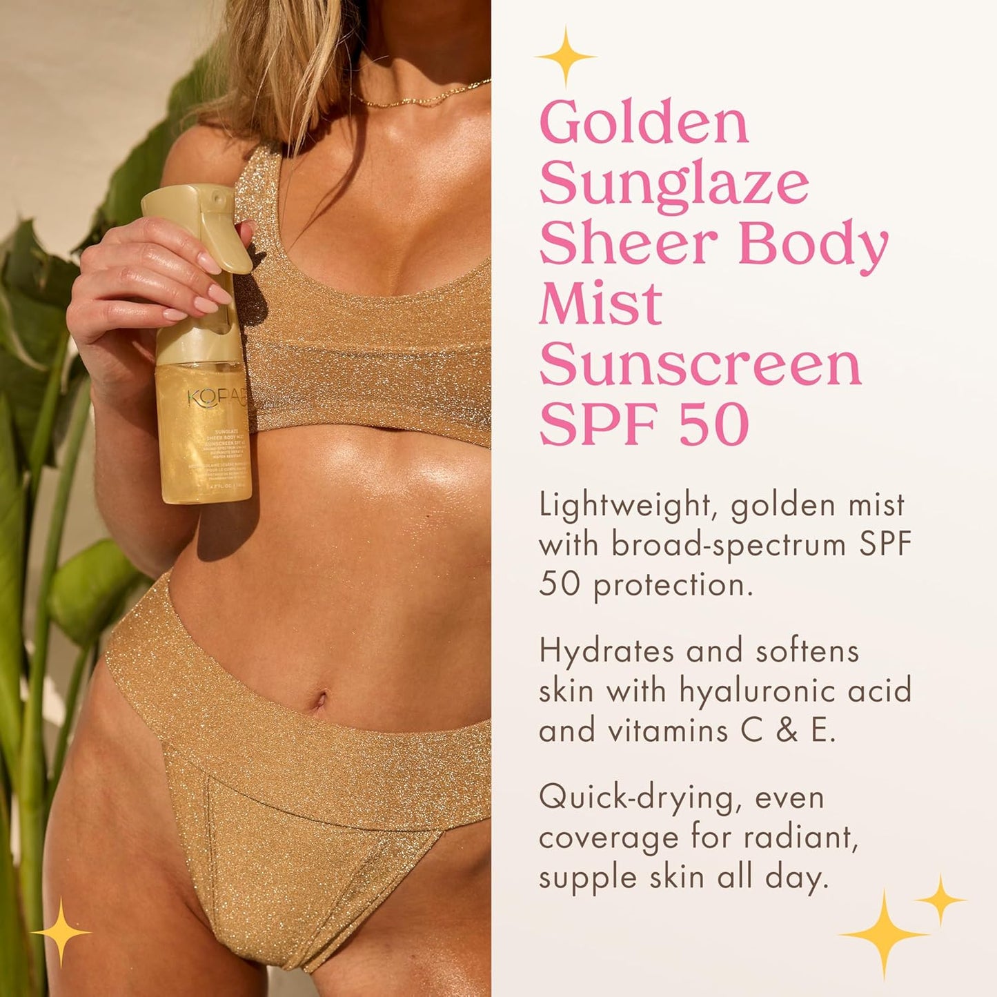 Kopari Golden Sunglaze Sheer Body Mist Sunscreen SPF 50, Infused with Shimmering Body Oil, Hydrating Mist, Hydrates, Brightens, Gives Skin a Glowy Finish, Lightweight, Fast-Absorbing.