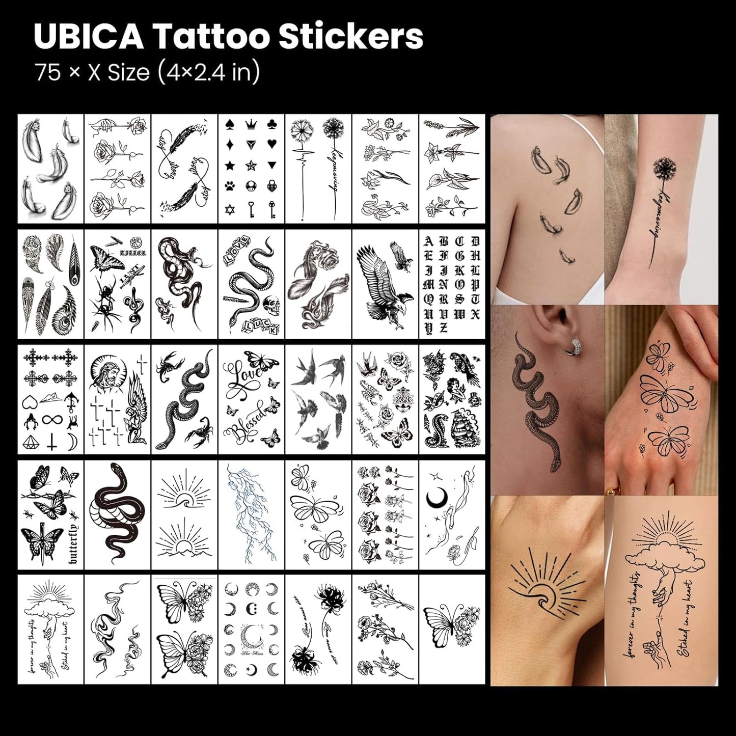 105 Sheets Large Temporary Tattoos For Women Men Adult, Dragon Tiger Wolf Tribal Christian Floral Halloween Fake Tattoo Stickers, Black Realistic Arm, Leg, Hand Body Waterproof Art