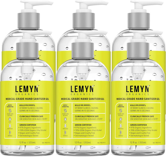 Medical‑Grade Hand Sanitizer Gel – 97 % Organic | 70 % USP Ethyl Alcohol | Moisturizing Aloe + Hyaluronic Acid | Freshly Made in USA | 12oz Bottle with Pump (PACK OF 6)