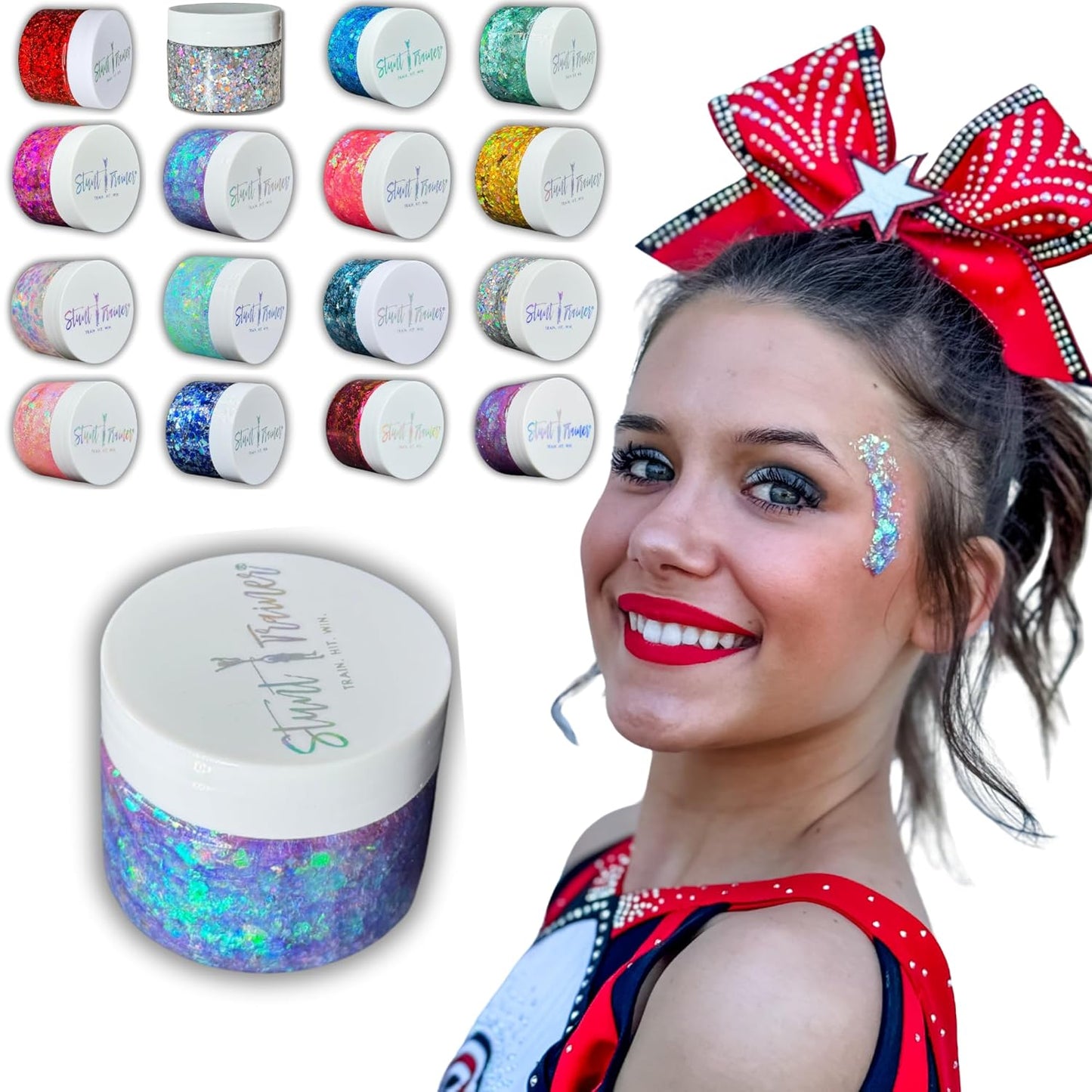 Stunt Trainer Cheer Glitter Face Body Makeup Peel Off Gel Chunky Holographic 15 Colors 1.6oz Vegan Cruelty Free Nontoxic Cheerleader Cheerleading Makeup