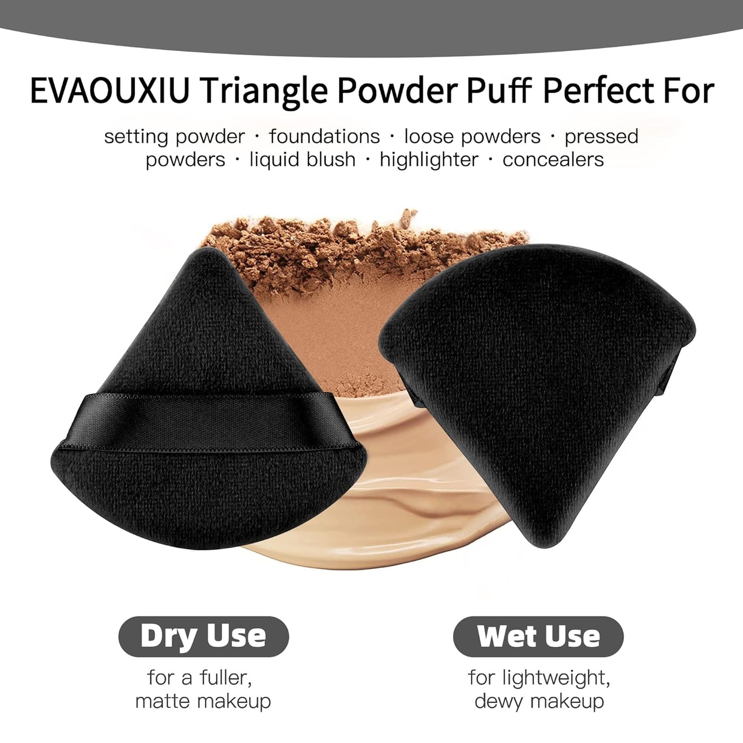 2 Pcs EVAOUXIU Triangle Powder Puff for Face Powder, Soft Plush Setting Powder Puff, Velour Cosmetic Foundation Blender Sponge Beauty Makeup Tools (Black)
