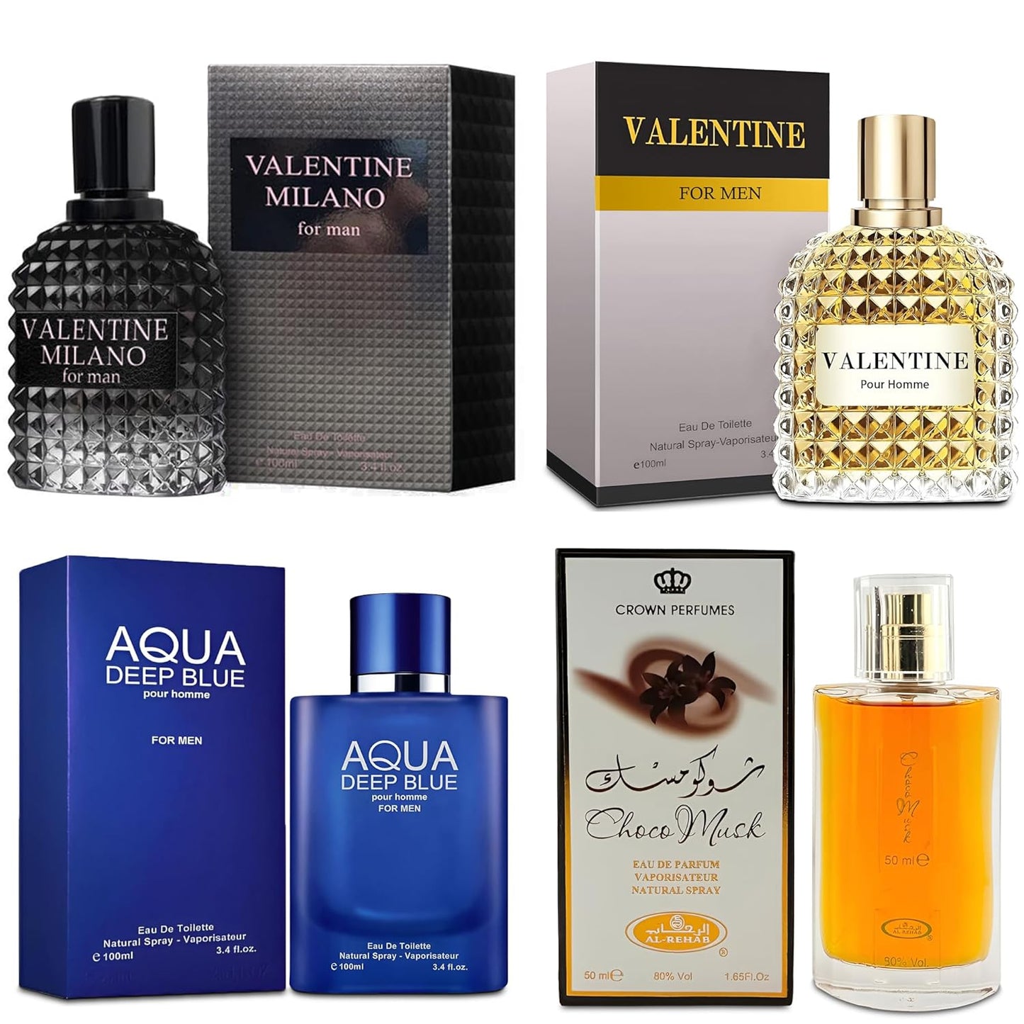 Men's Cologne Gift Set Include Valentine Milano,Valentine,Choco Musk & Aqua Deep Blue - 3.4 Fl Oz Each | Vanilla Bourbon, Leather & Amber Floral Fragrance | Luxury Eau de Toilette Quartet