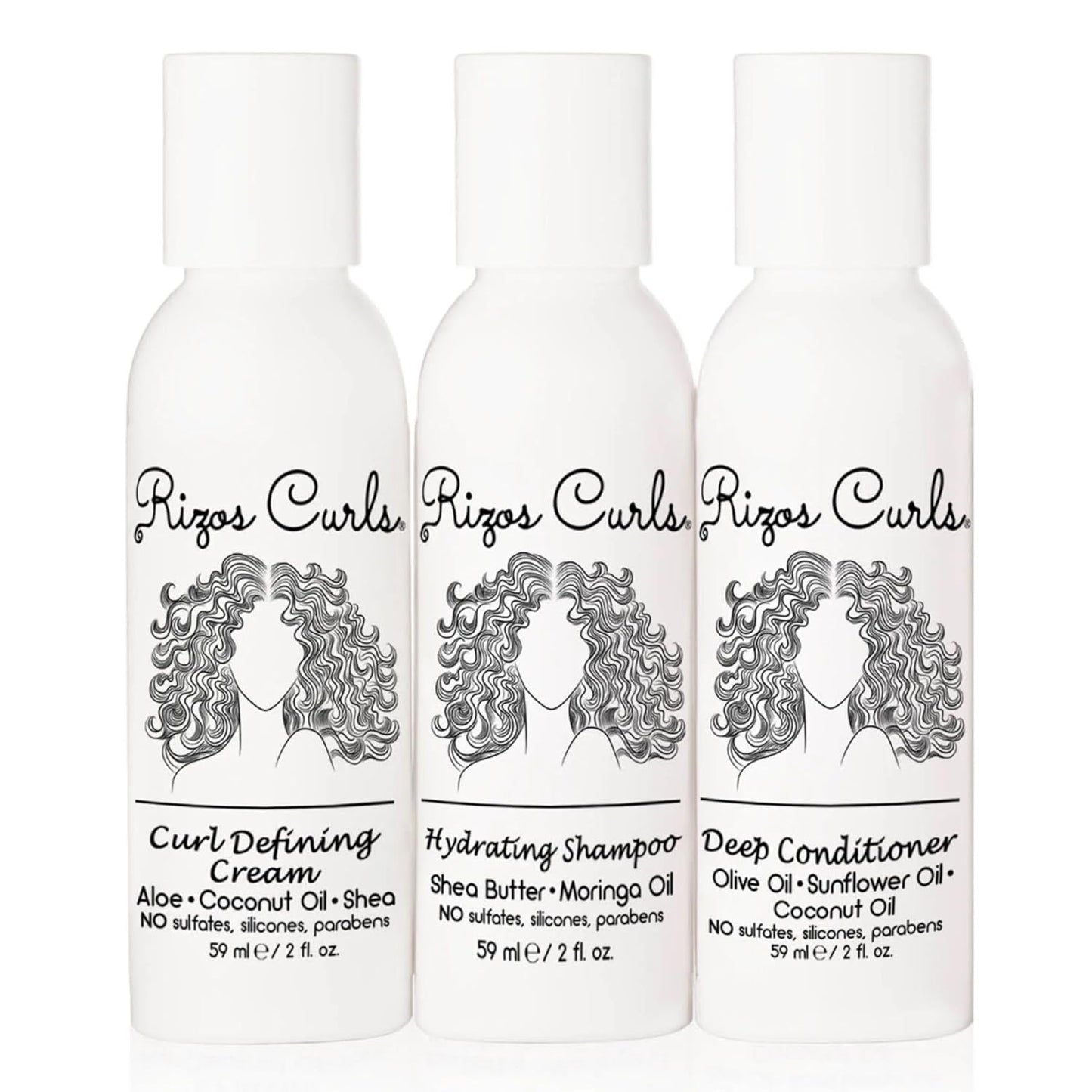 Rizos Curls Trio Travel Curl Kit, Includes Travel Hydrating Shampoo, Travel Deep Conditioner, Travel Curl Cream, Gently Cleanse, Hydrate and Style, For All Curl Patterns 2a - 4c, 3 pack of 2 oz