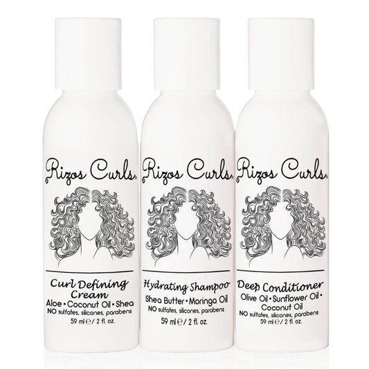 Rizos Curls Trio Travel Curl Kit, Includes Travel Hydrating Shampoo, Travel Deep Conditioner, Travel Curl Cream, Gently Cleanse, Hydrate and Style, For All Curl Patterns 2a - 4c, 3 pack of 2 oz
