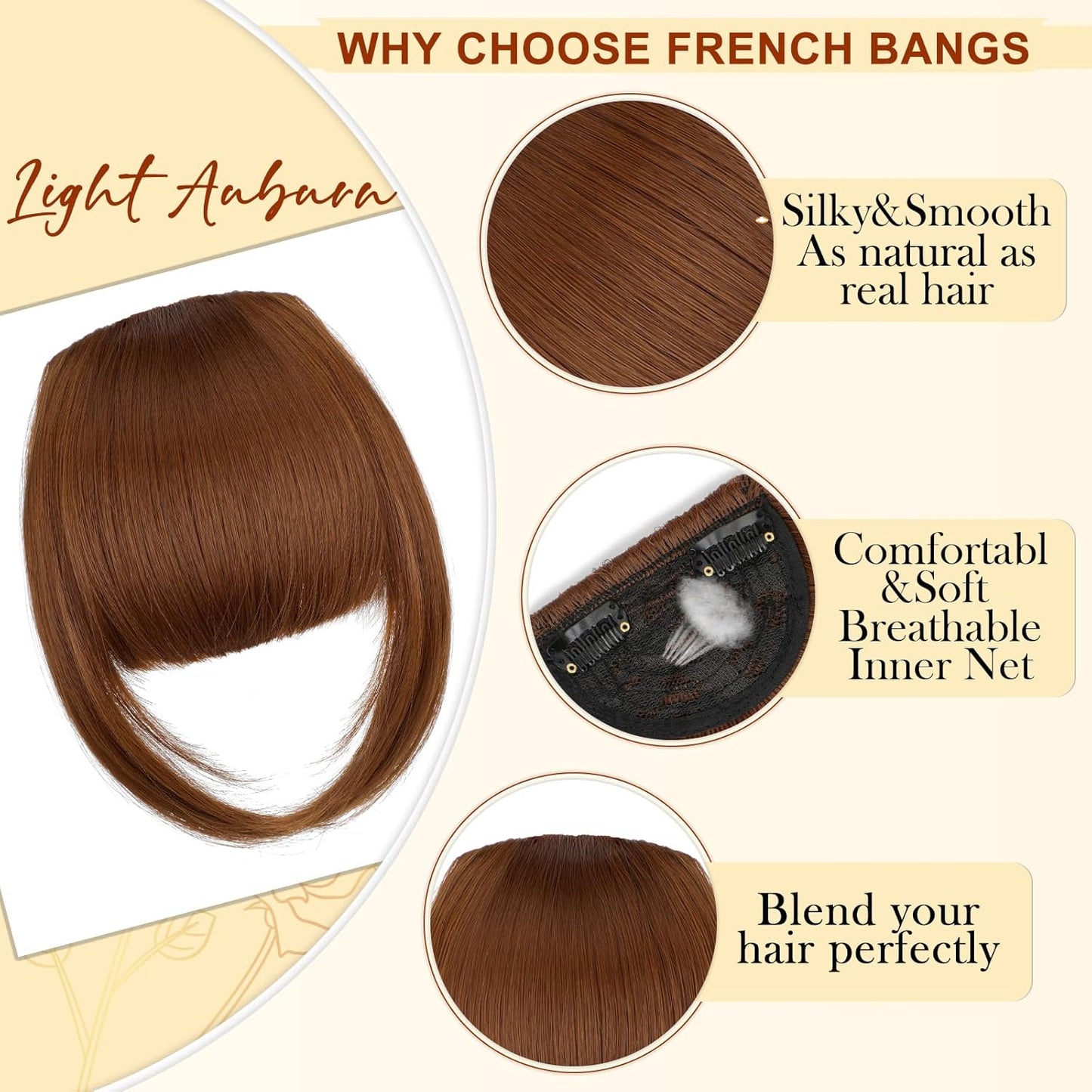 Bangs Hair Clip in Bangs, Fake Bangs Natrual Clip in Hair Extensions, Easy to Use Faux Bangs Clip on Bangs, French Bangs Fringe with Temples Hairpieces Curved Bangs for Daily Wear