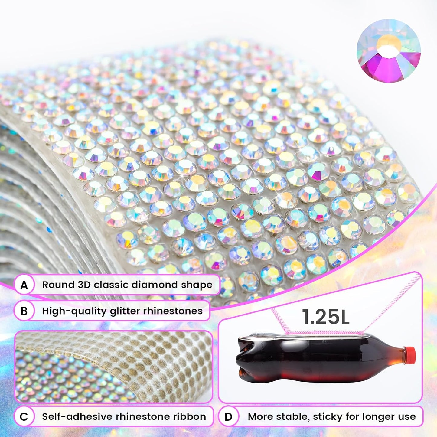 Novani Self Adhesive Rhinestone Ribbon, 1.14 Inch Wide 3 Yards 1 Roll, AB Crystal Diamond Bling Strips for DIY Crafts, Home Decor, Glitter Glass Rhinestones for Crafting, Car Decoration