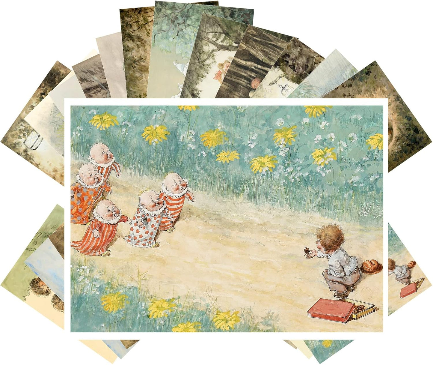 PIXILUV Vintage Postcards (24 pcs 4"x6" ea) Coloured Pencil Drawings of Young Kids Playing in the Forest and Garden Vintage Postcards Retro Greeting Card Book Illustration Reprint