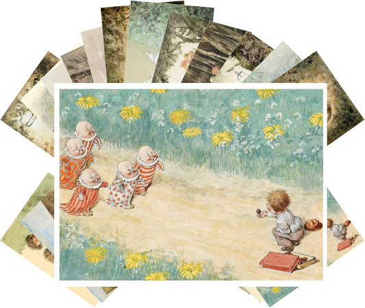 PIXILUV Vintage Postcards (24 pcs 4"x6" ea) Coloured Pencil Drawings of Young Kids Playing in the Forest and Garden Vintage Postcards Retro Greeting Card Book Illustration Reprint