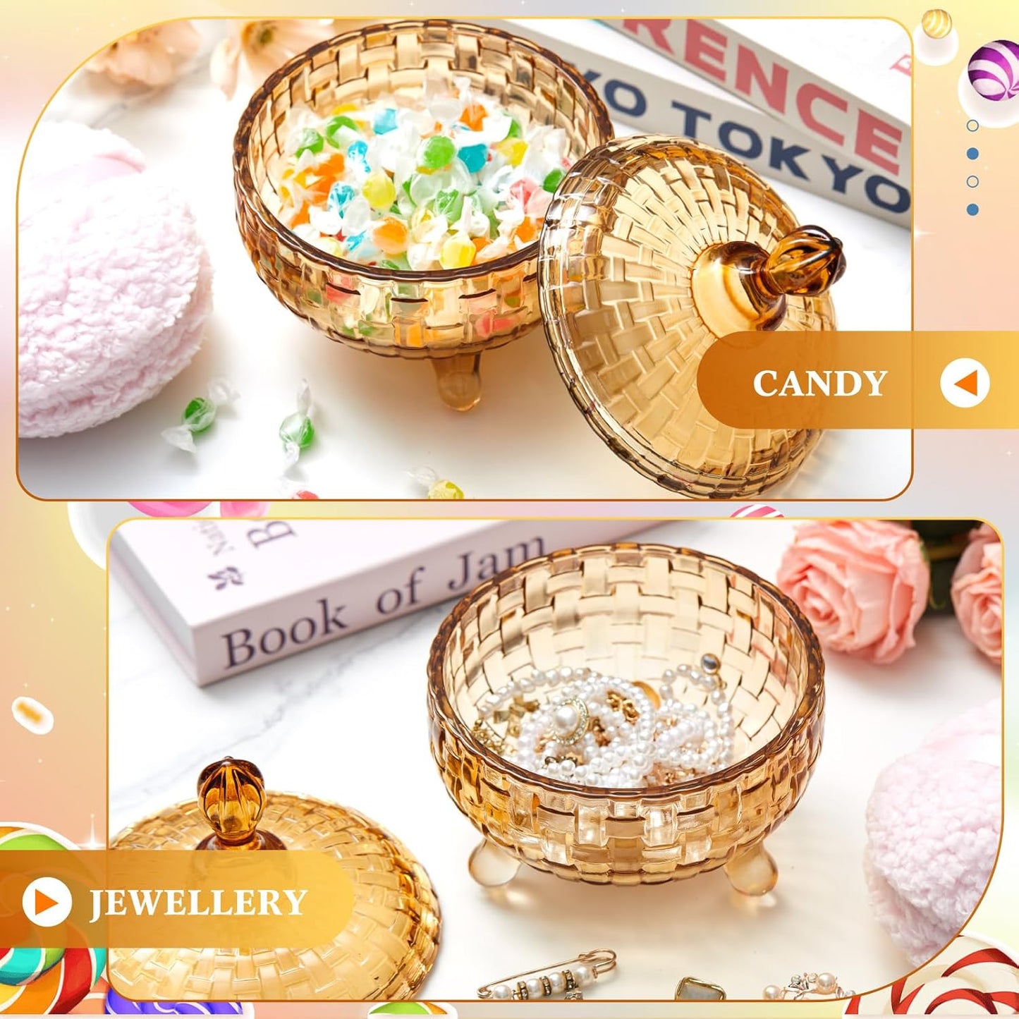 Tioncy 2 Pcs Extra Large Dusting Powder Puff and Container 6'' Body Powder Puff and Crystal Container for Women Soft Washable Reusable Velour Face(Amber)