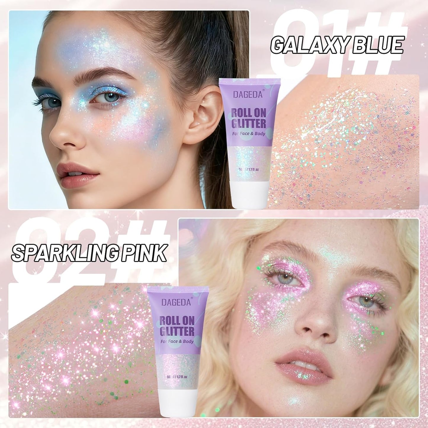 DAGEDA 2 Colors Roll-on Body Glitter, Eye Face Glitter Gel for Festival Outfit Mermaid Accessories,Holographic Color Body Shimmer Makeup Rave Outfits Accessories for Women(01+02)