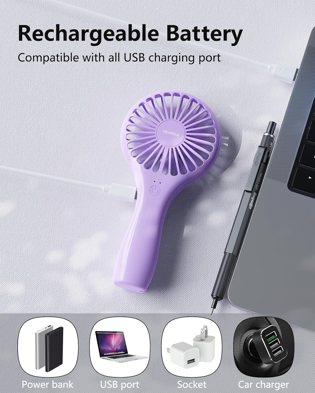 TriPole Handheld Mini Portable Fan, Personal Battery Travel Fan for Outdoor Trips Wedding Hot Flashes, Rechargeable & USB Powered, Small Lash Dryers for Eyelash Extensions, Purple