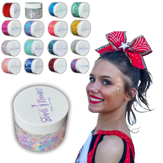 Stunt Trainer Cheer Glitter Face Body Makeup Peel Off Gel Chunky Holographic 15 Colors 1.6oz Vegan Cruelty Free Nontoxic Cheerleader Cheerleading Makeup