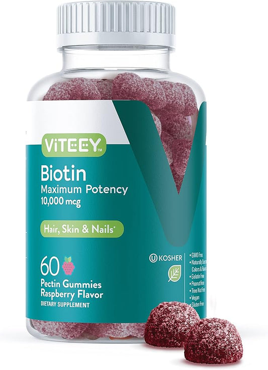 Biotin Gummies for Hair Skin Nails 10,000mcg - Hair Growth Gummies, Healthy Skin Glow, Strong Healthy Nail Growth - Vegan, Gluten Free, Gelatin Free, GMO Free - Tasty Chewable Raspberry Flavor
