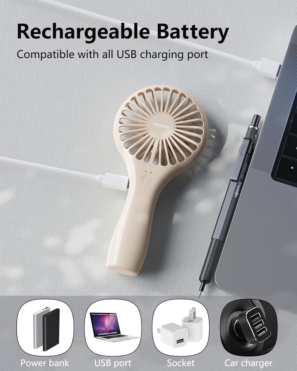 TriPole Mini Portable Fan Powerful Personal Handheld Fans, Battery Operated Rechargeable Fan Speed Adjustable Small Eyelash Fans for Stylish Kids Girls Women Indoor Outdoor Travelling, Beige