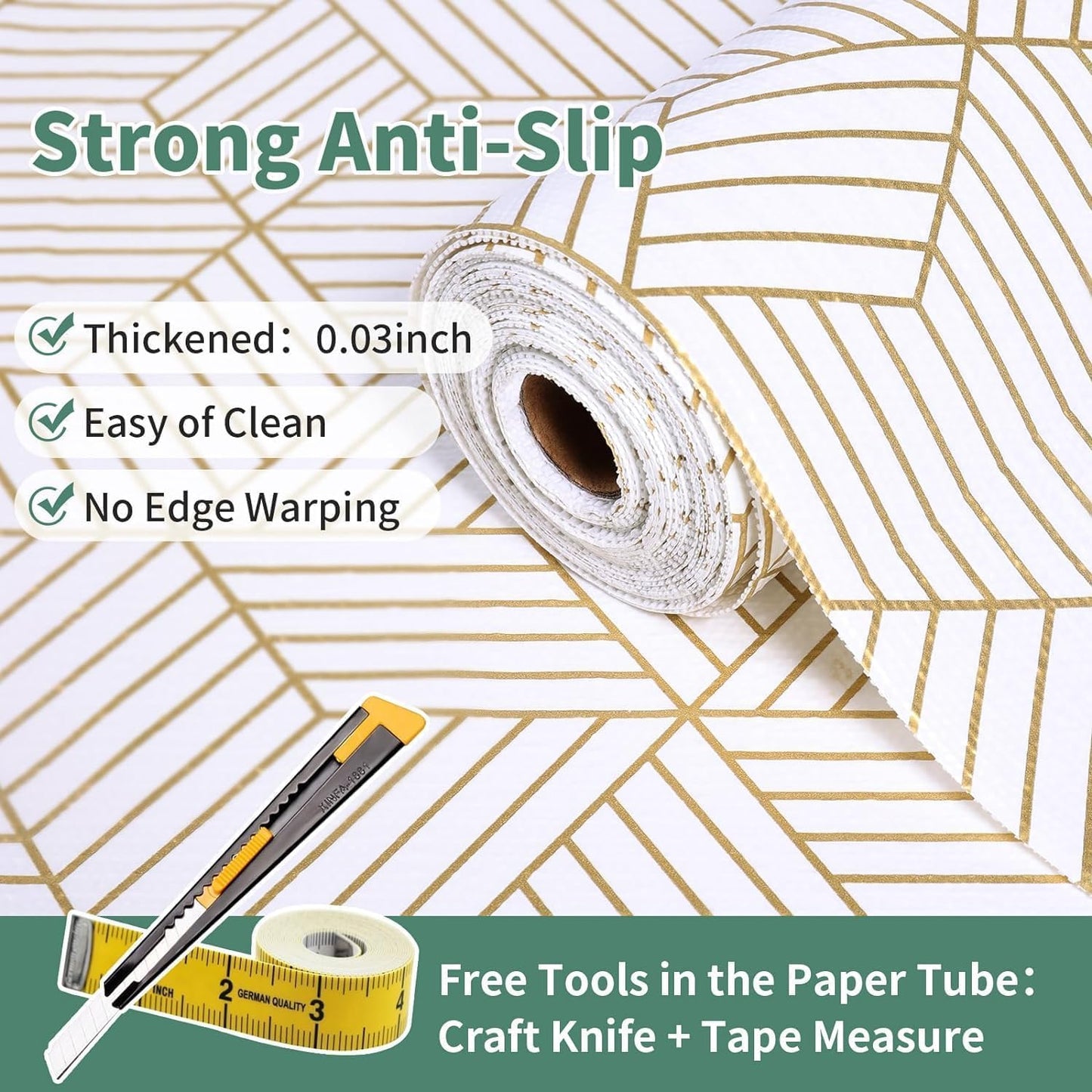 Shelf Liners for Kitchen Cabinets 17.5in x 30FT Non Adhesive Cabinet Liner Strong Non-Slip Thickened Gold Geometric Drawer Liner Easy to Clean for Shelf Cabinet with Knife and Tape Measure