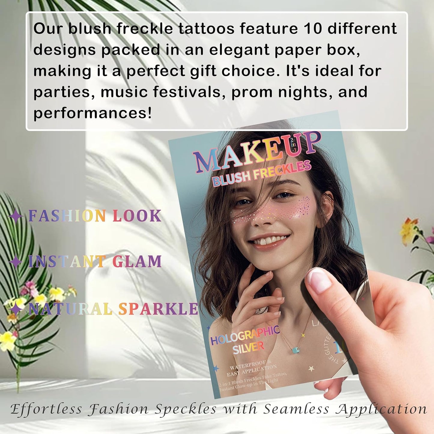 10 Pcs Holographic Multichrome Glitter Freckles Face Tattoos, 2-in-1 Rose-pink Blush and Holographic Laser Temporary Tattoos, Waterproof and Long-lasting Face Makeup Tattoos for Women and Girls