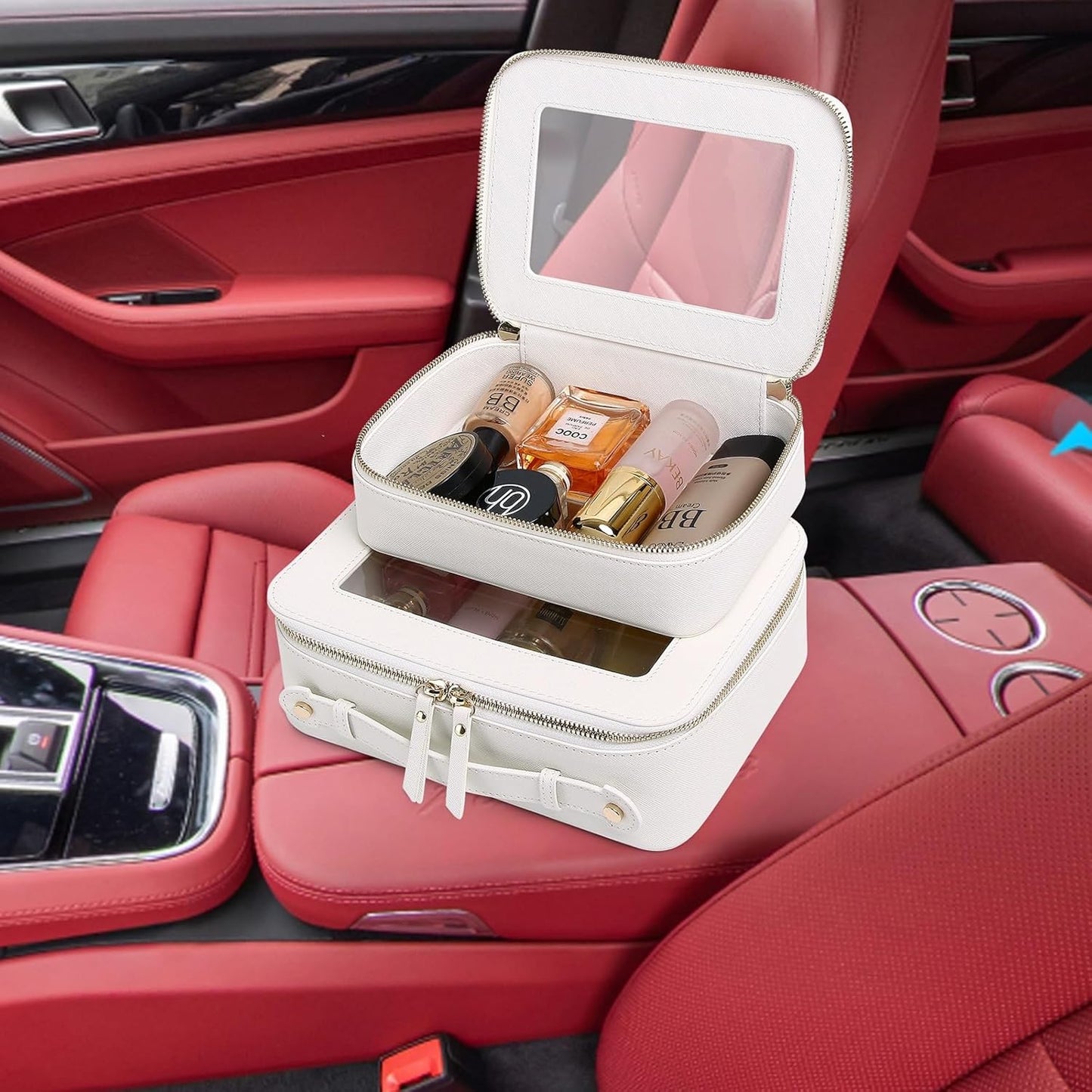 Pinkmik Clear Makeup Bag for Women Waterproof Travel Cosmetics and Toiletries Case Portable Makeup Oaganizer Bag Clear Car Bag with Zipper (White, M+L)