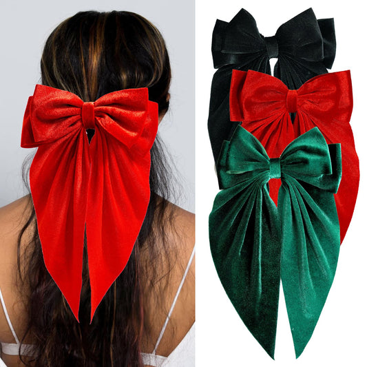 3 PCS Large Velvet Hair Bows, Oversized Long Tail Bows with Aliigator Clips, Coquette Hair Accessories for Women and Girls (Black - Red - Green)