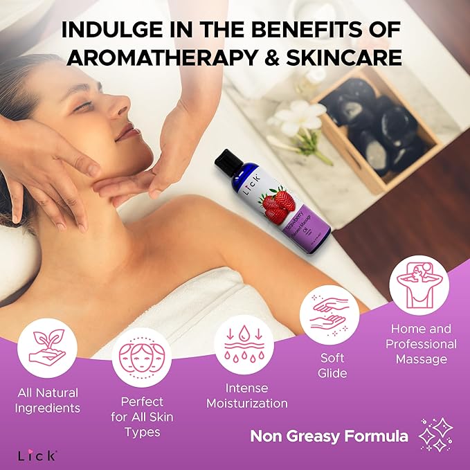 Lick Strawberry Flavored Massage Oil with Natural Vitamin E - Aromatherapy & Moisturizing Body Oil for Relaxing Muscle Massage - Essential Non-Sticky Skin Therapy for Men and Women - 4 oz