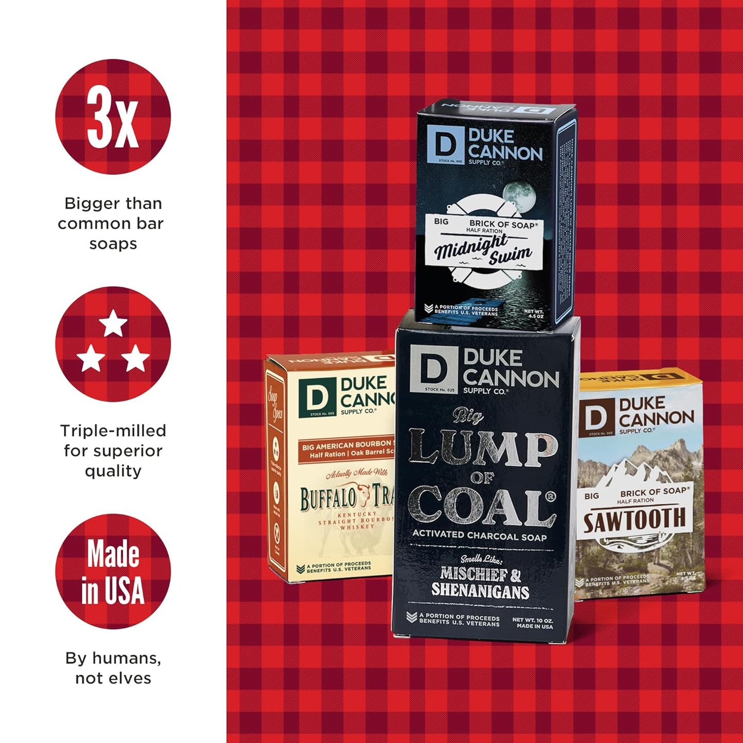 Duke Cannon Supply Co. Holiday Naughty & Nice Gift Set - Full Size Lump of Coal Soap & 3 Junior Soaps (American Bourbon, Sawtooth, Midnight Swim)