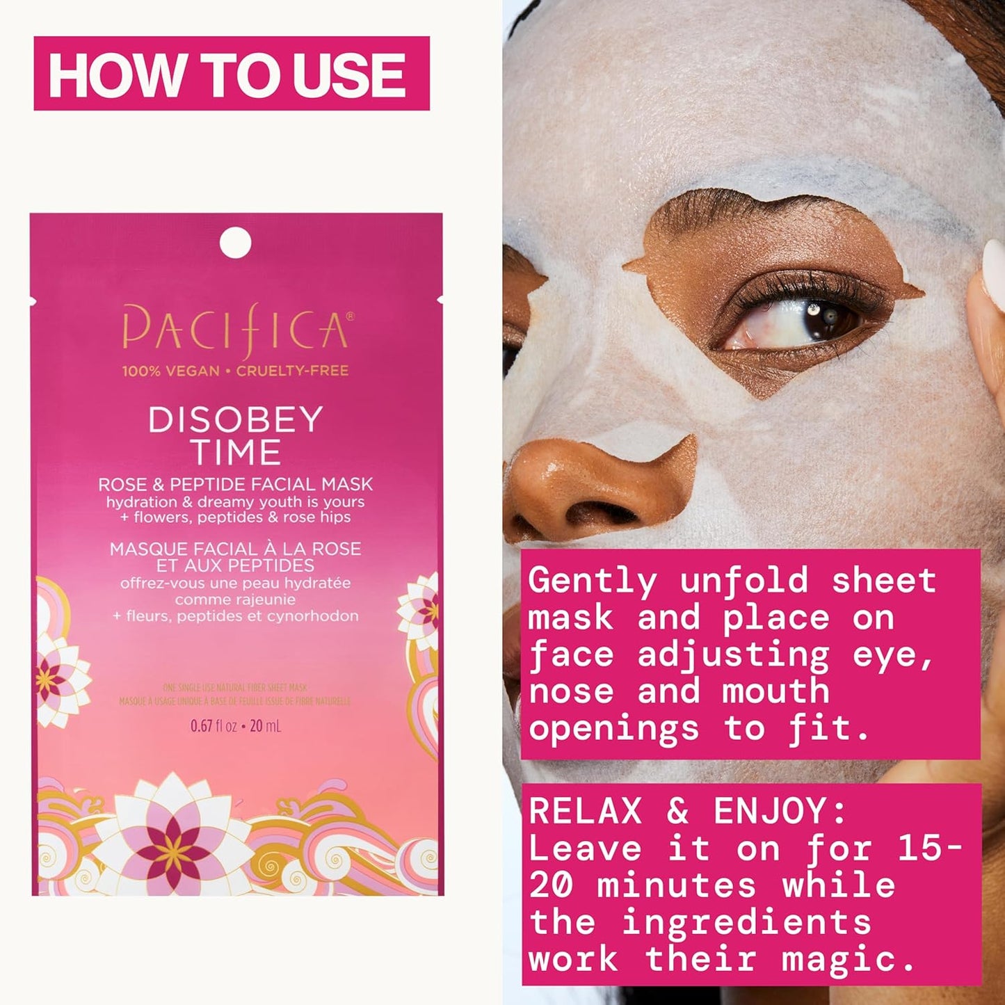 Pacifica Disobey Time Rose & Peptide Facial Sheet Mask 12-PACK Hydrating Anti-Aging Mask for Fine Lines & Dry Skin Infused w/Hyaluronic Acid & Chamomile Vegan & Cruelty-Free Dermatologist Tested