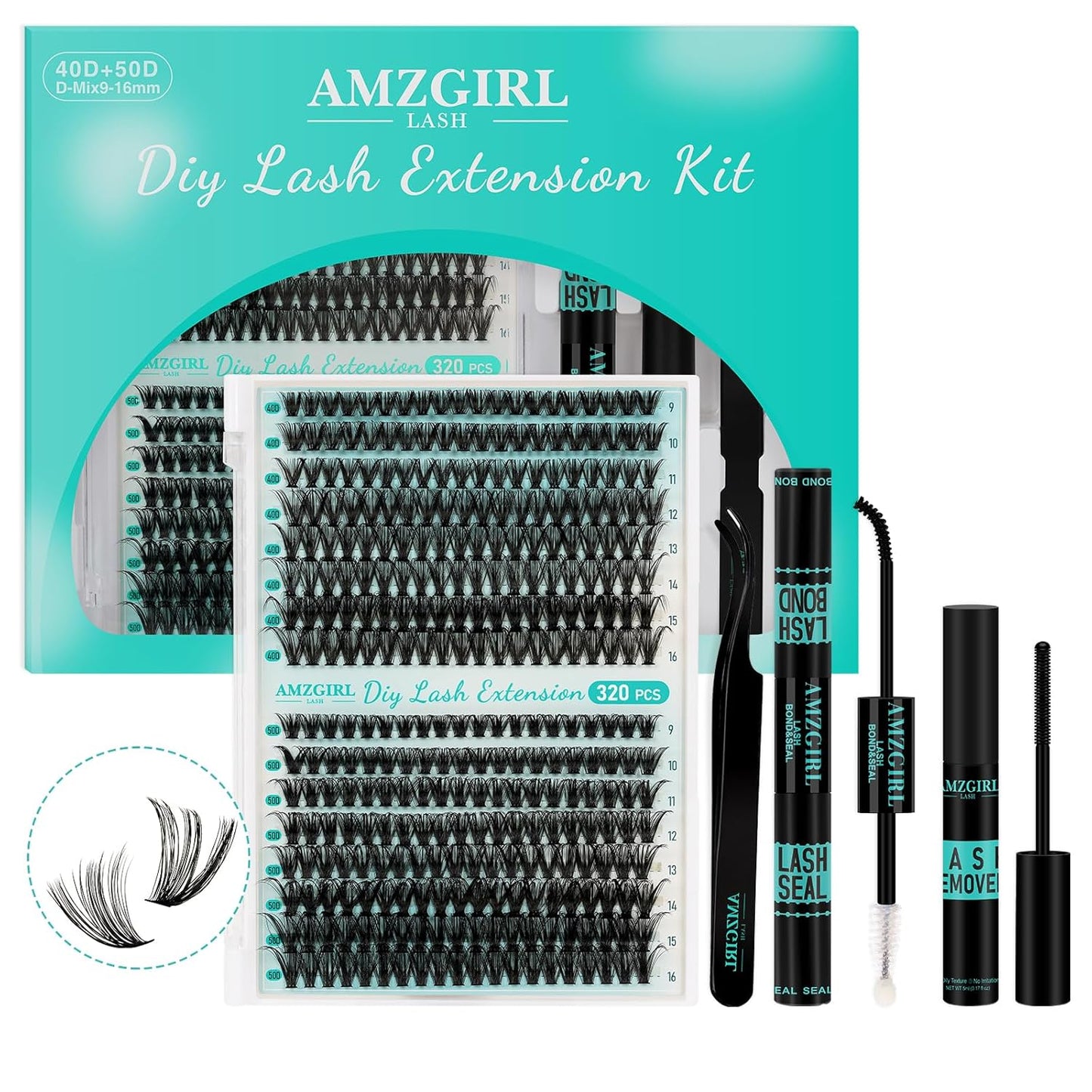 Lash Extension Kit 320Pcs,DIY Individual Lashes Clusters Kit,Lash Bond And Seal,Lash Remover For Eyelashes Extensions,Lash Applicator Tool For False Eyelash Cluster Kit At Home(40D50D,D-Mix9-16mmKit)