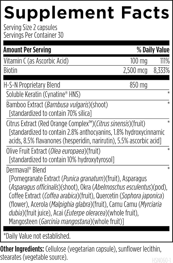 Designs for Health H-S-N Radiance - Hair Skin Nails Vitamins for Women and Men - Promote Healthy Hair, Skin Elasticity & Strong Nails with Vitamin C, Biotin, Keratin & Botanicals (60 Capsules)