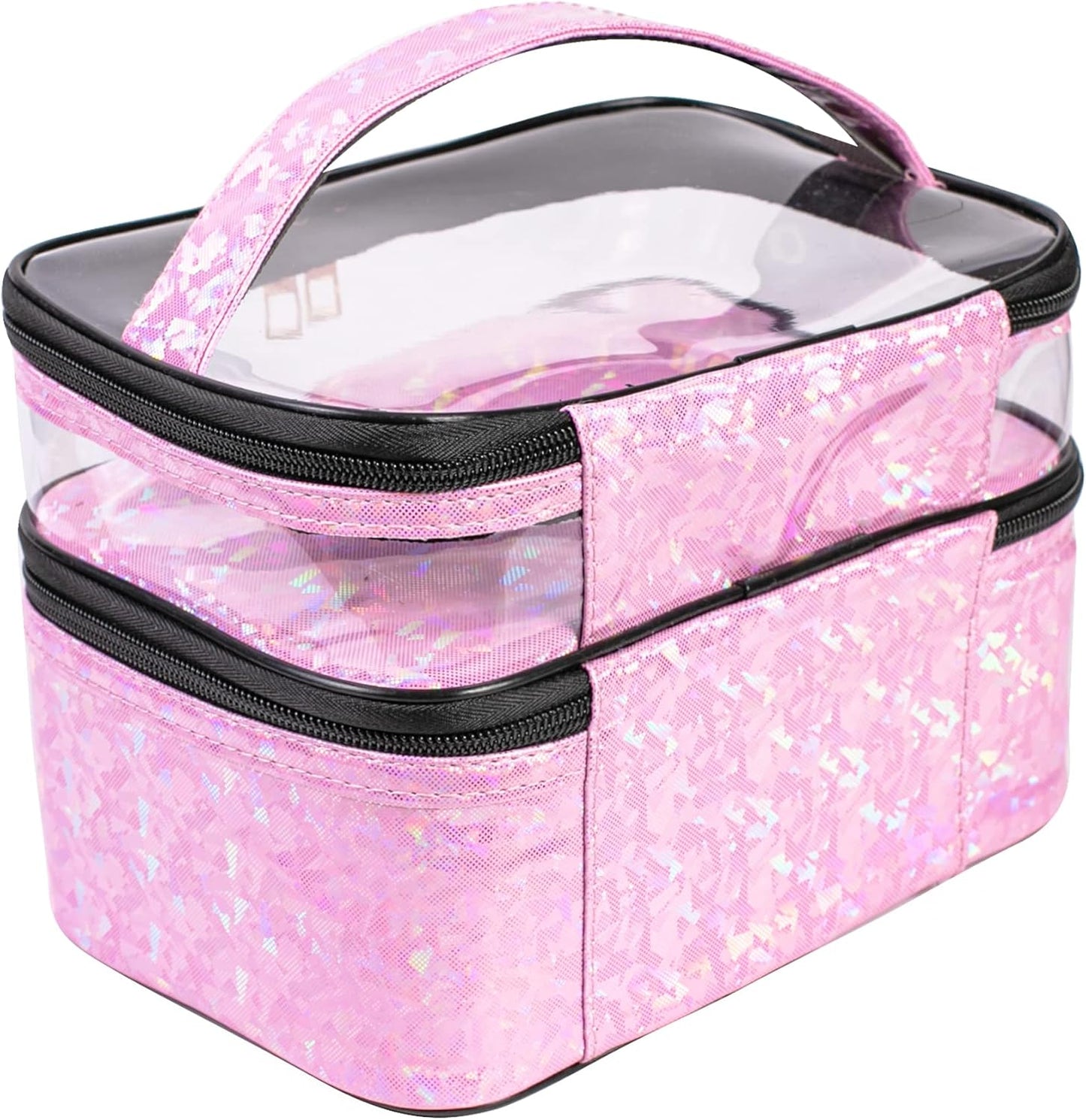 FITINI Makeup Bags Double Layer Travel Storage Cosmetic Cases Make-up Organizer Toiletry Bags Water-resistant for Women Makeup Brush Bag,Light Pink Holographic