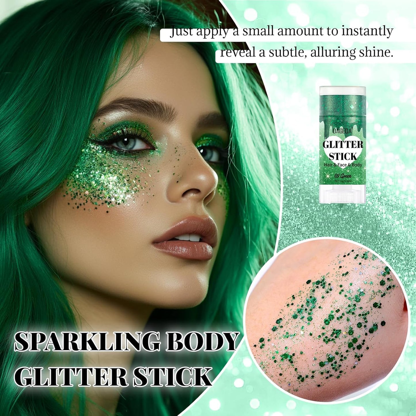 DAGEDA Green Body Glitter Stick,St Patricks Day Accessories,Sparkly Face Glitter Makeup,Holographic Hair Glitters Rave Outfits for Women, Shimmer Face Paint Stick for Mardi Gras Singer Concert