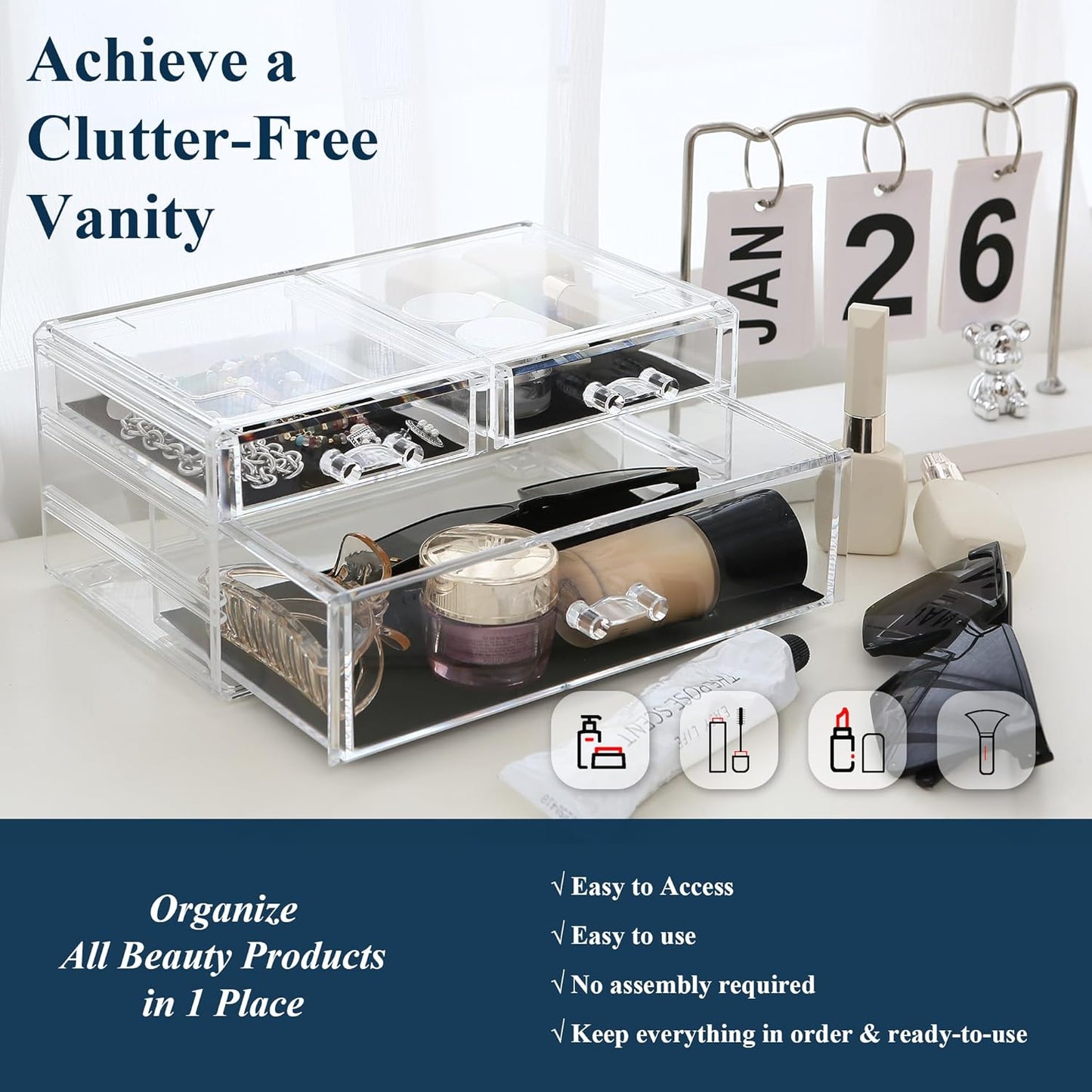 Sea Team Clear Makeup Organizer with Drawers, Acrylic Plastic Cosmetic Display Case, Jewelry Storage Box, Holder for Dresser, Bathroom, Vanity, Countertop (1 Large, 2 Small Drawers)