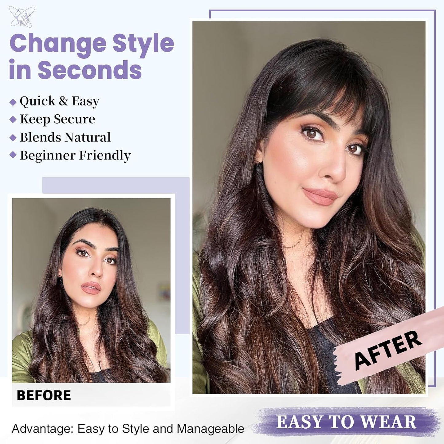 Wispy Bangs Hair Clip, 100% Human Hair Clip In Medium Brown Bangs for Women, Soft Layered Fake Bangs with Feathered Fringe, Easy Clip-On Design for Daily Wear & Halloween