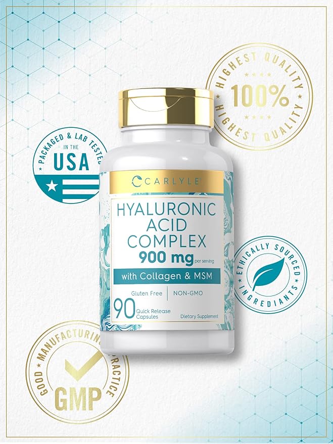 Carlyle Hyaluronic Acid Complex 900 mg | with Collagen and MSM | 90 Capsules | Non-GMO, Gluten Free Supplement