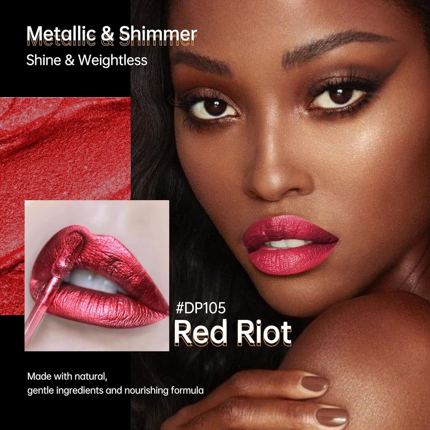Red Lipsticks for Women Metallic Lipstick Long Lasting Non Stick Cup Lip Gloss, Metal Shine Lightweight Hydrating Full Coverage Lip Color, DP105 Red Riot