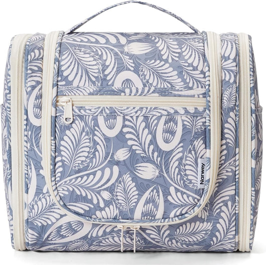 Narwey Hanging Toiletry Bag for Women Travel Makeup Bag Organizer Toiletries Bag Men for Cosmetics Essentials Accessories(Large, Blue Leaf)