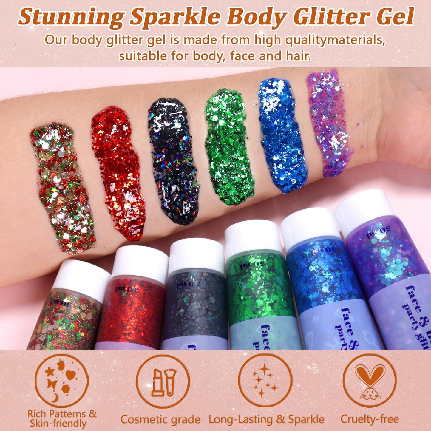 Boko 50ML Body Glitter Gel, Red Chunky Glitter Gel for Face Hair Body Love Heart Makeup, Mermaid Face Glitter Sequins for Festival Music Concert Party Event Rave Accessories