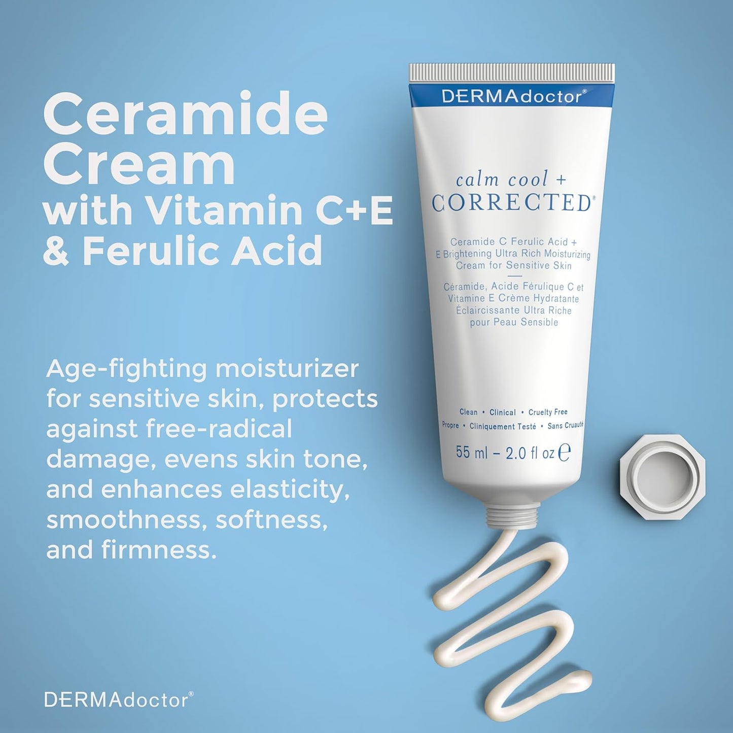 DERMAdoctor Calm Cool + Corrected Dermatologist Formulated Vitamin C Face Cream with Ferulic Acid + Vitamin E Oil; Ceramide Moisturizer for Sensitive Skin - 2.0 oz