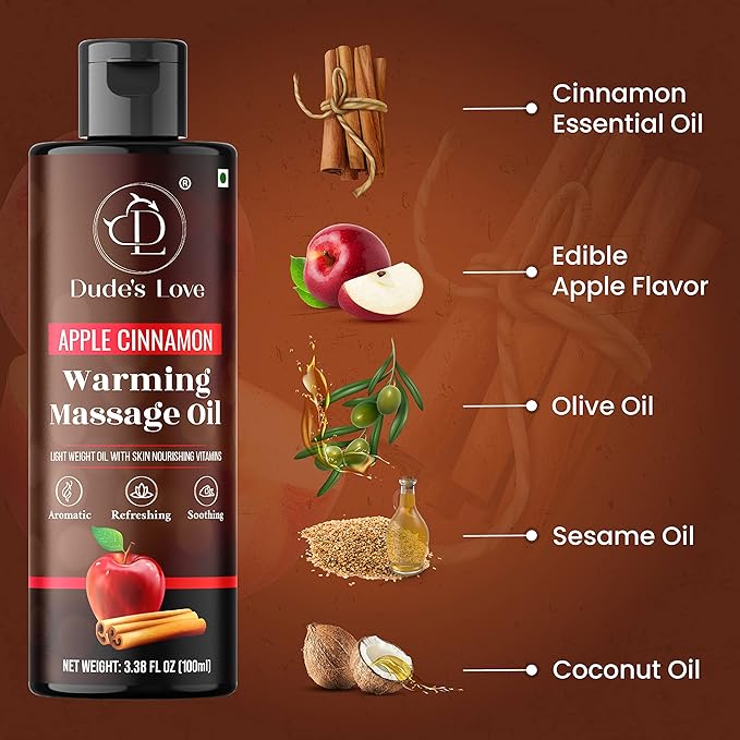 Dude's Love - Organic - Flavored Warming Body Massage Oil - Apple Cinnamon | No Stain - Non-Sticky | Nourish & Moisturize Skin | Aromatherapy Vegan Oil - 3.38 Fl Oz