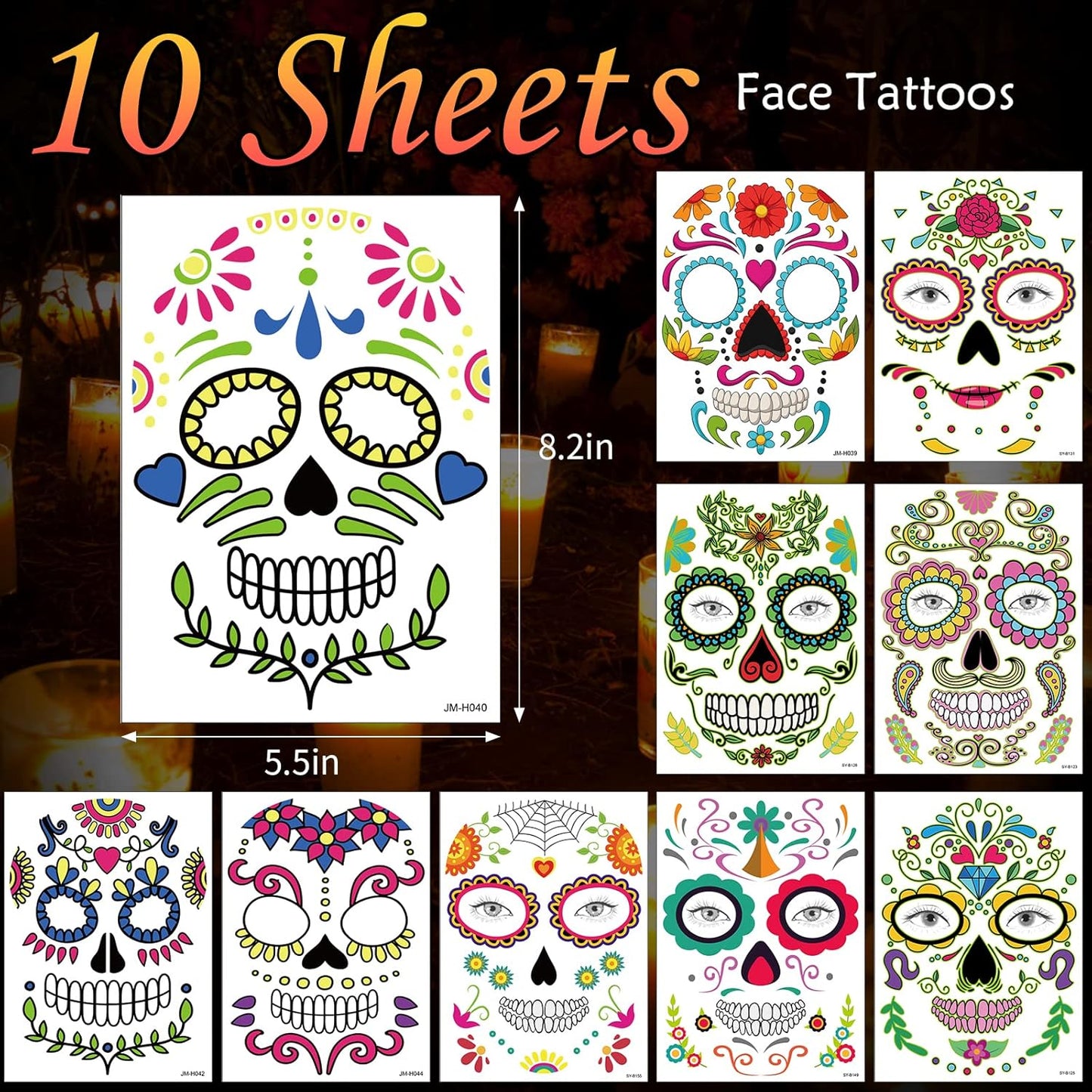 Day of the Dead Face Tattoos, Halloween Temporary Tattoo 10 Pack Dia de Los Muertos Skeleton Makeup Kit Catrina Red Rose Sugar Skull Full Face Stickers for Women Kids Halloween Accessories and Parties