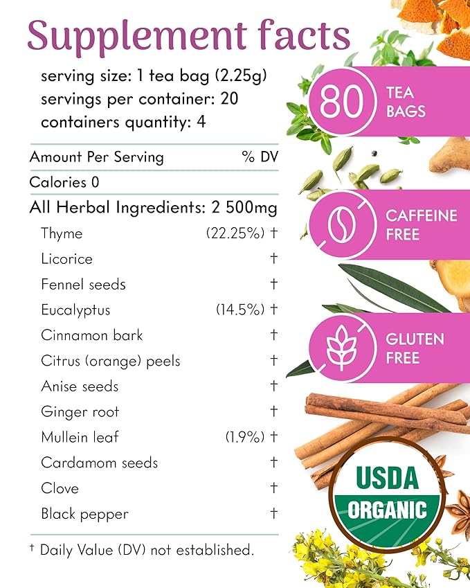 Adanim Bio Thyme Tea, Value Pack 80 Teabags with Organic Mullein Leaf and Eucalyptus Tea, Enhanced Respiratory and Lung Health, Caffeine Free Thyme Tea Bags