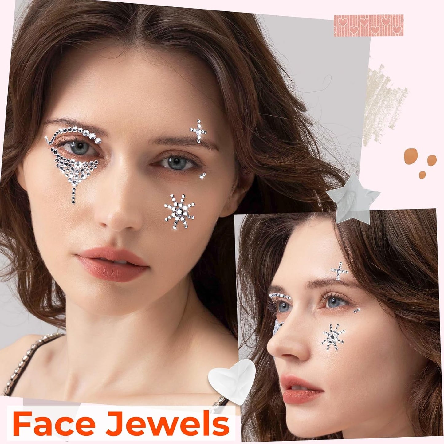 YGDZ Face Gems, Face Rhinestones Star Heart Self Adhesive Hair Gems, Festival Jewels Stickers Stick on, Rave Accessories, Face Jewels for Kids, Women