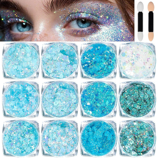Body Glitter Face Glitter, Hair Glitter for Kids, 12 Shapes Fine Chunky Glitter Gel for Women Girls Makeup Sparkles Party Mermaid Sequins Rave Accessories Singer Concerts Festival (Blue Scheme)