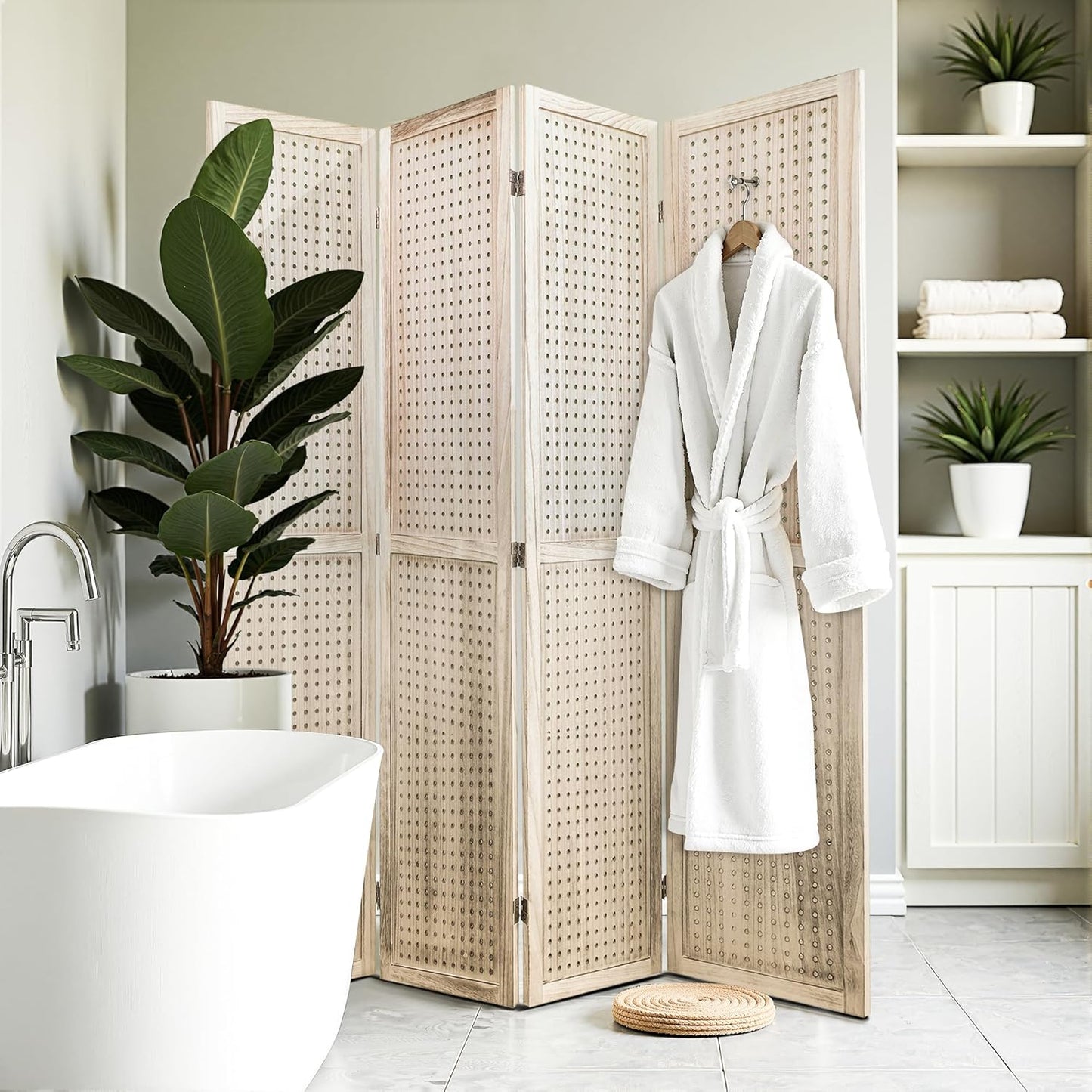 2 PCS Room Dividers 4 Panel Pegboard Display 5.6FT Wood PegBoard Room Divider,Folding Privacy Screens Portable Freestanding Partition Wall Divider for Art Shows & Room Separation, Natural Wood