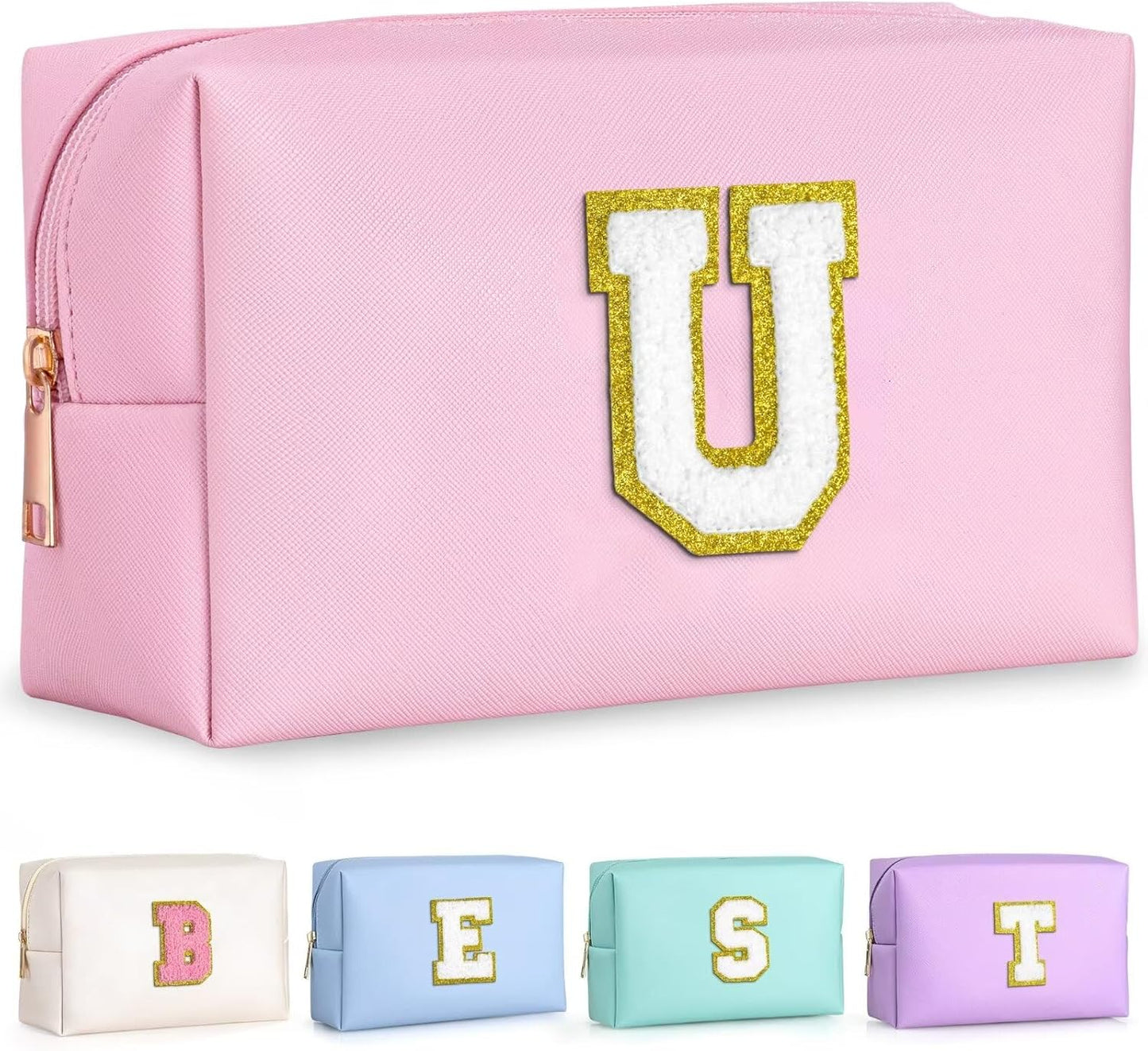 TOPEAST Personalized Chenille Letter Pouch Cosmetic Bag with Zipper, Travel Toiletry Bag, Monogrammed Birthday Gift for Women
