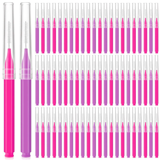 Lallisa 100 Pieces Micro Eyebrow Spoolie Brush with Cap Brow Lamination Tool Eyelash Brush Multifunctional Micro Lash Comb for Eyelash and Eyebrow Extensions Tool(Pink, Purple)
